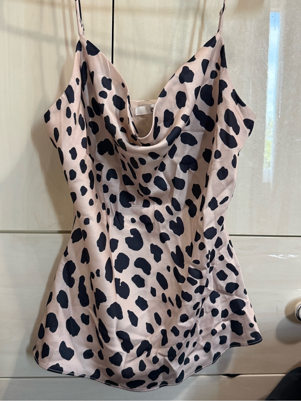essue Blush Satin Cowl Neck Cami with Black Spot Print